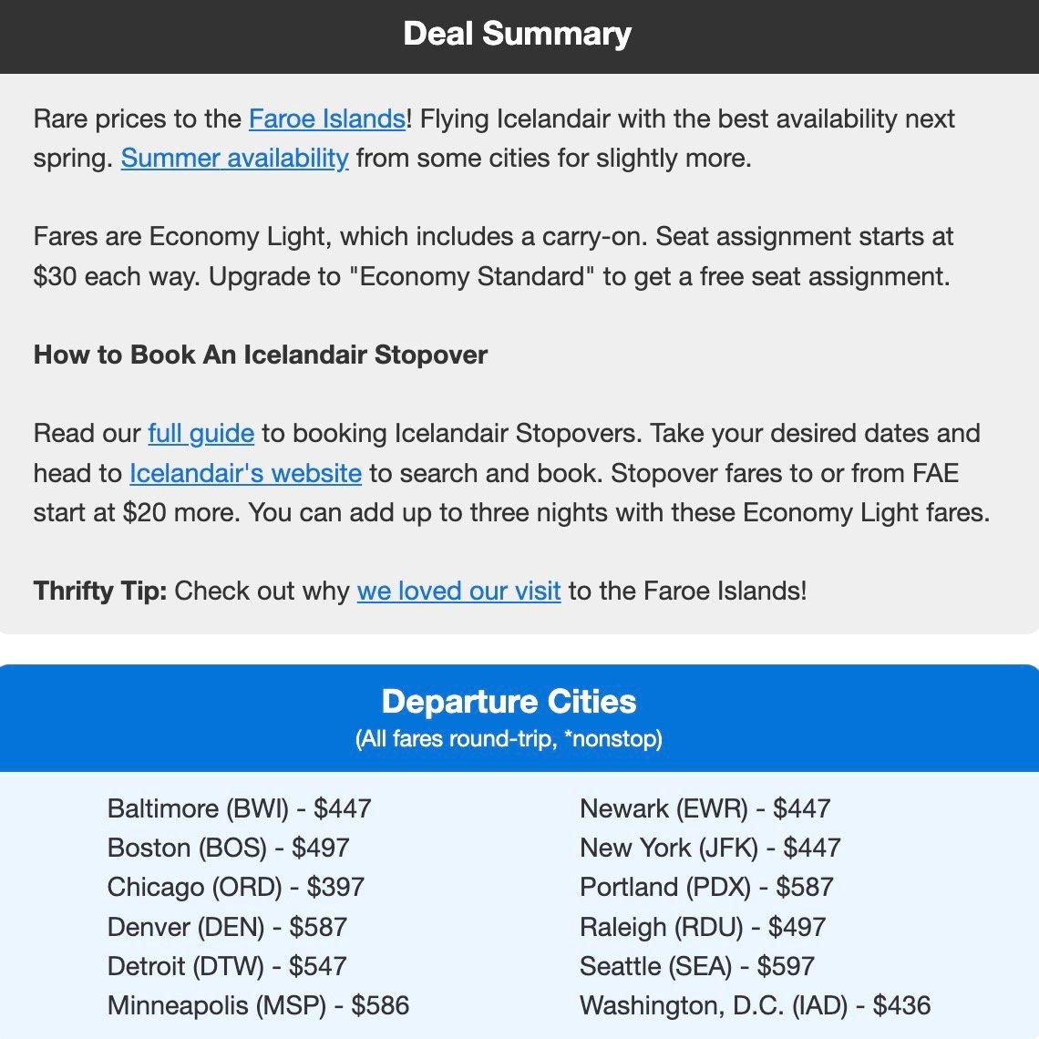 Faroe Islands flight deal information and departure cities with roundtrip airfare pricing
